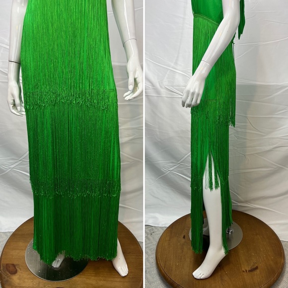 ❌SOLD❌Vintage 70s Green Tassel Fringe Tiered Long Maxi Flapper Gown Dress - Picture 4 of 9